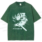 Unisex Japanese Cat Smoking Printed Washed Tee
