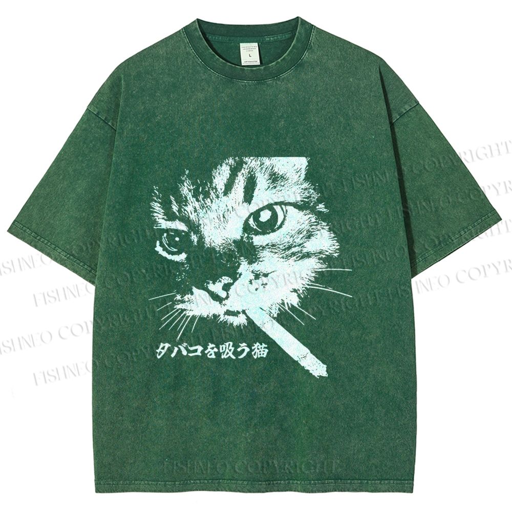 Unisex Japanese Cat Smoking Printed Washed Tee