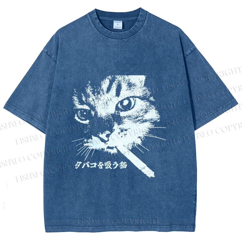 Unisex Japanese Cat Smoking Printed Washed Tee