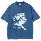 Unisex Japanese Cat Smoking Printed Washed Tee