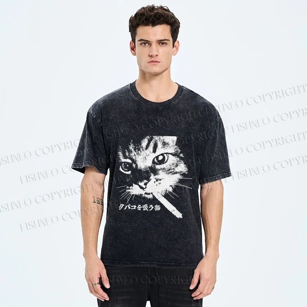 Unisex Japanese Cat Smoking Printed Washed Tee