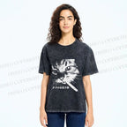 Unisex Japanese Cat Smoking Printed Washed Tee