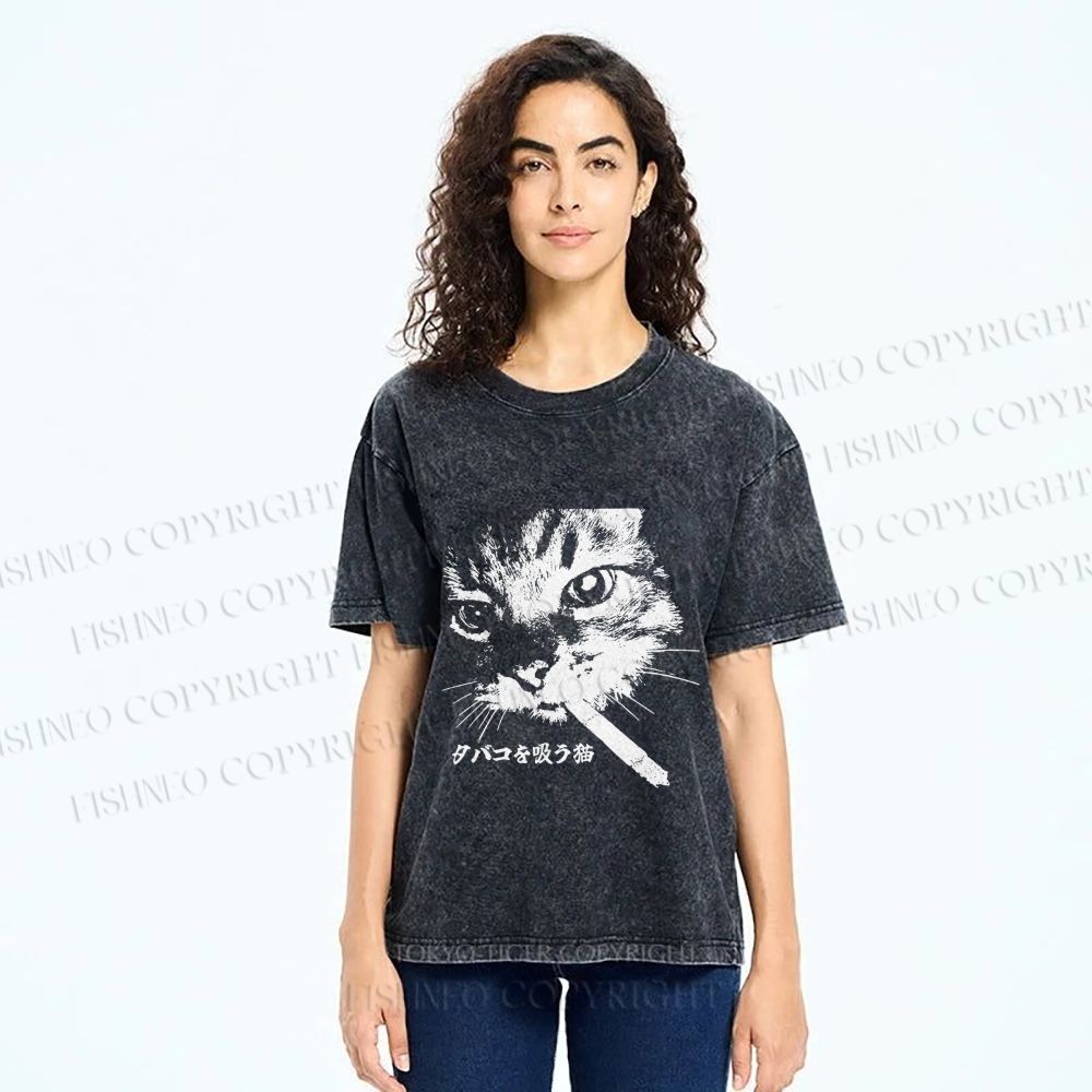 Unisex Japanese Cat Smoking Printed Washed Tee