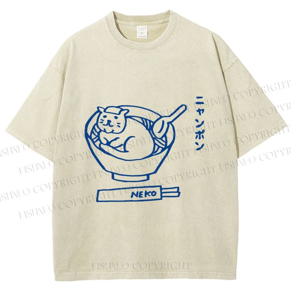 Unisex Japanese Silly Cat Ramen Printed Washed Tee