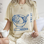 Unisex Japanese Silly Cat Ramen Printed Washed Tee