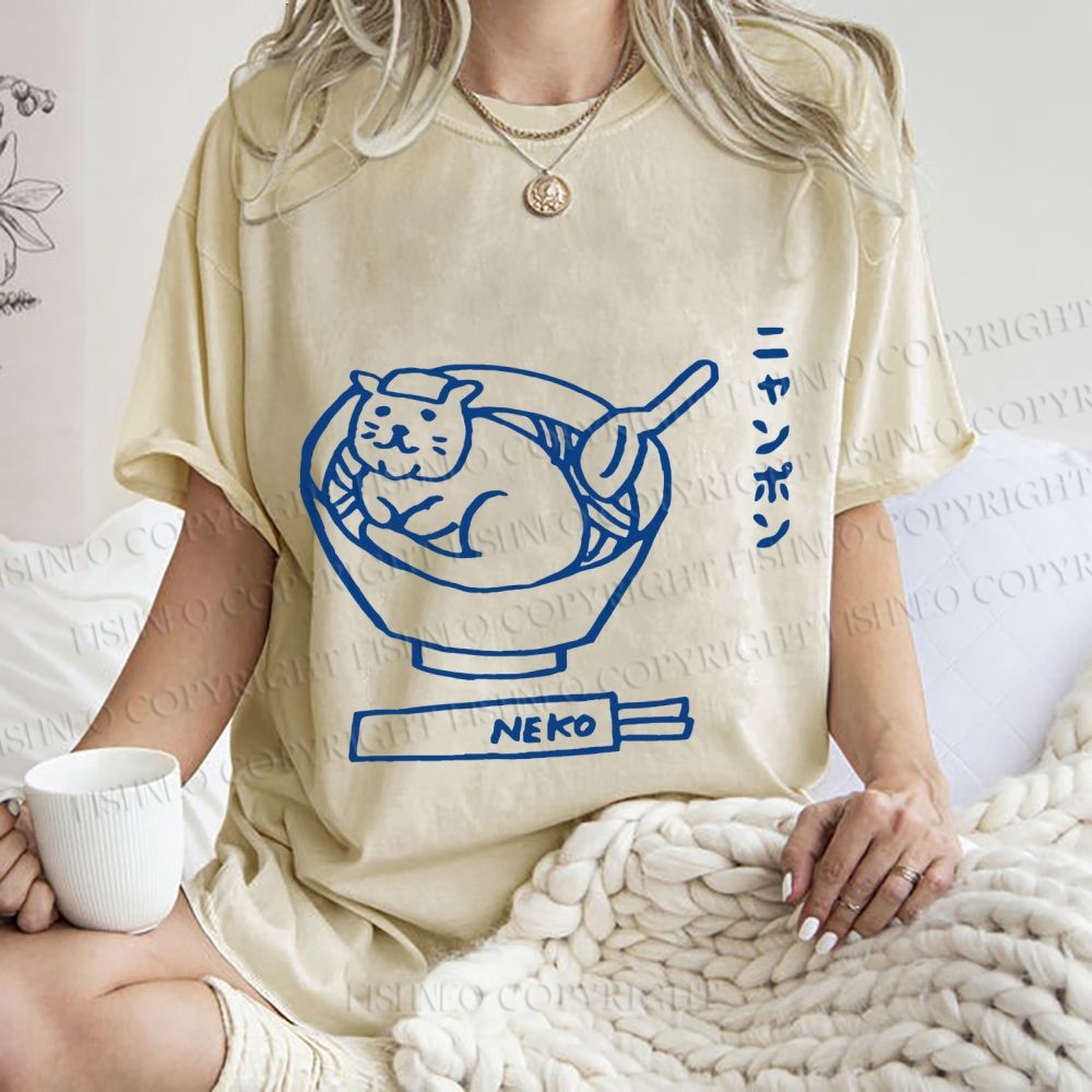 Unisex Japanese Silly Cat Ramen Printed Washed Tee
