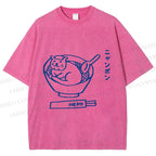 Unisex Japanese Silly Cat Ramen Printed Washed Tee