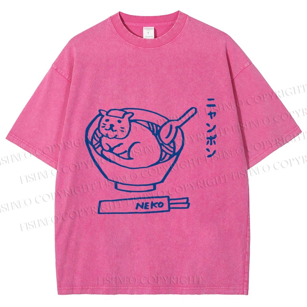 Unisex Japanese Silly Cat Ramen Printed Washed Tee