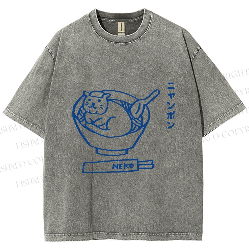 Unisex Japanese Silly Cat Ramen Printed Washed Tee