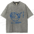 Unisex Japanese Silly Cat Ramen Printed Washed Tee