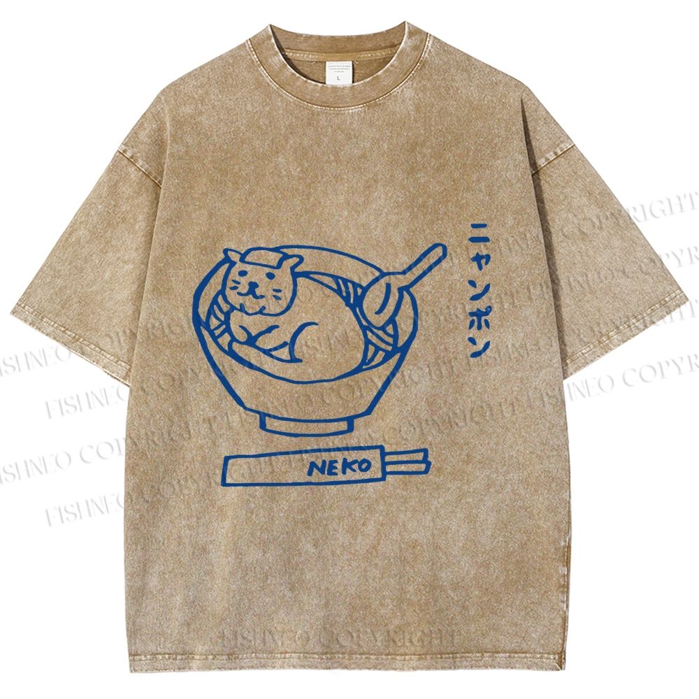 Unisex Japanese Silly Cat Ramen Printed Washed Tee