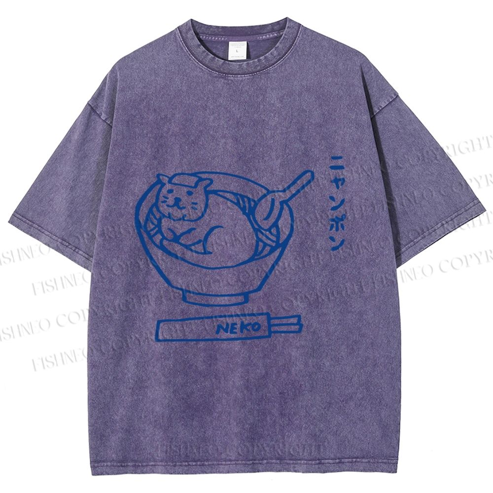 Unisex Japanese Silly Cat Ramen Printed Washed Tee