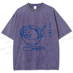 Unisex Japanese Silly Cat Ramen Printed Washed Tee