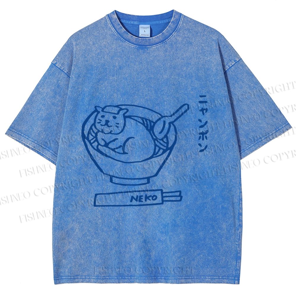 Unisex Japanese Silly Cat Ramen Printed Washed Tee