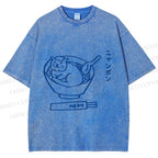 Unisex Japanese Silly Cat Ramen Printed Washed Tee