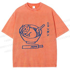 Unisex Japanese Silly Cat Ramen Printed Washed Tee
