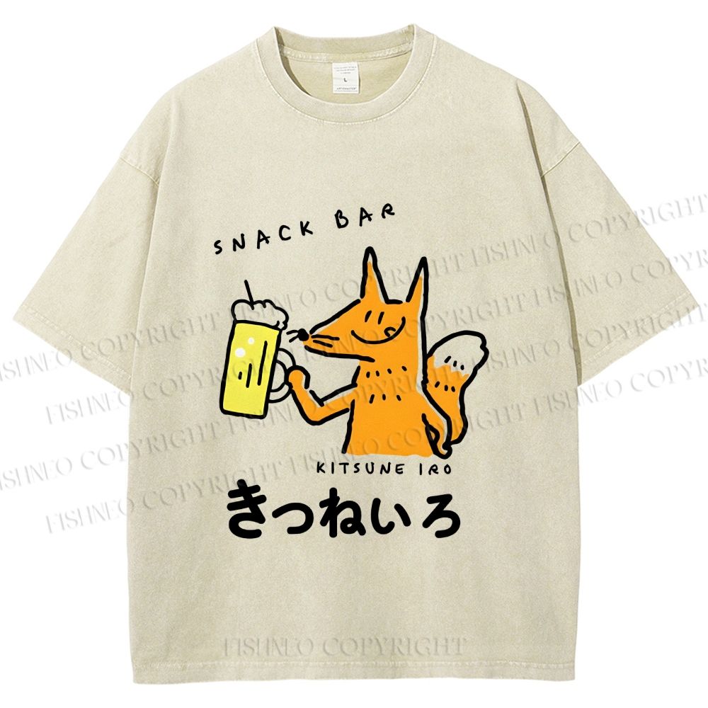Unisex Vintage Japanese Silly Fox Drinking Printed Washed Tee