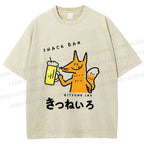 Unisex Vintage Japanese Silly Fox Drinking Printed Washed Tee