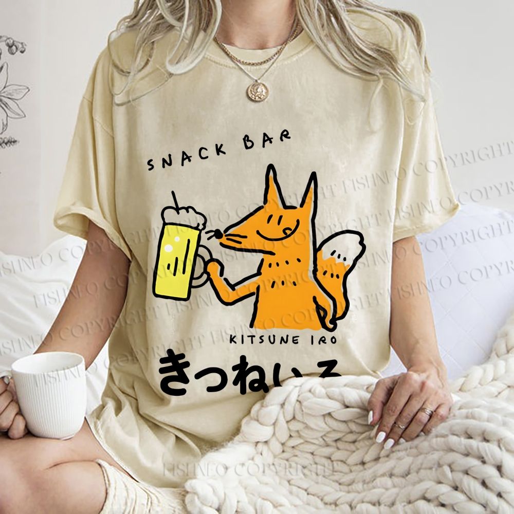 Unisex Vintage Japanese Silly Fox Drinking Printed Washed Tee