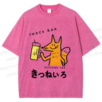 Unisex Vintage Japanese Silly Fox Drinking Printed Washed Tee