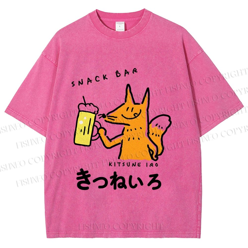 Unisex Vintage Japanese Silly Fox Drinking Printed Washed Tee