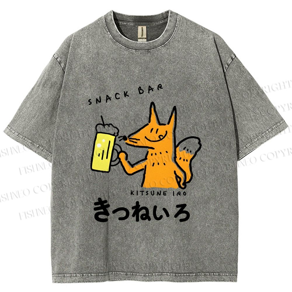 Unisex Vintage Japanese Silly Fox Drinking Printed Washed Tee