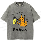 Unisex Vintage Japanese Silly Fox Drinking Printed Washed Tee
