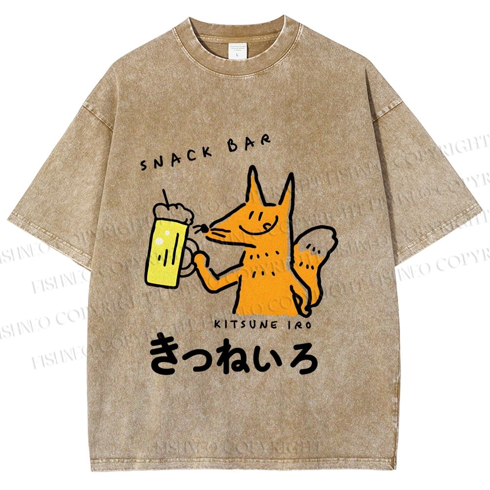 Unisex Vintage Japanese Silly Fox Drinking Printed Washed Tee