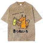 Unisex Vintage Japanese Silly Fox Drinking Printed Washed Tee
