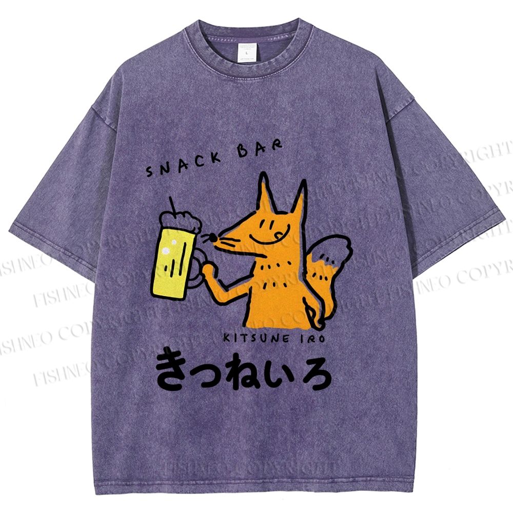 Unisex Vintage Japanese Silly Fox Drinking Printed Washed Tee