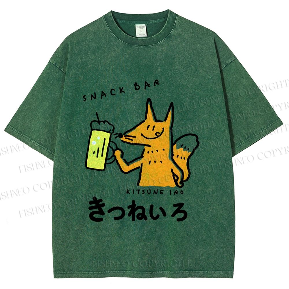 Unisex Vintage Japanese Silly Fox Drinking Printed Washed Tee