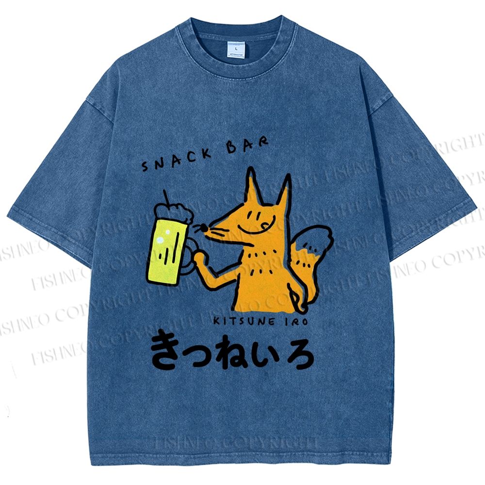 Unisex Vintage Japanese Silly Fox Drinking Printed Washed Tee