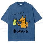 Unisex Vintage Japanese Silly Fox Drinking Printed Washed Tee