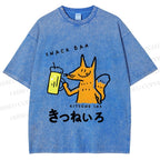 Unisex Vintage Japanese Silly Fox Drinking Printed Washed Tee