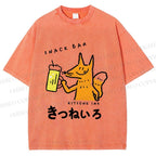 Unisex Vintage Japanese Silly Fox Drinking Printed Washed Tee