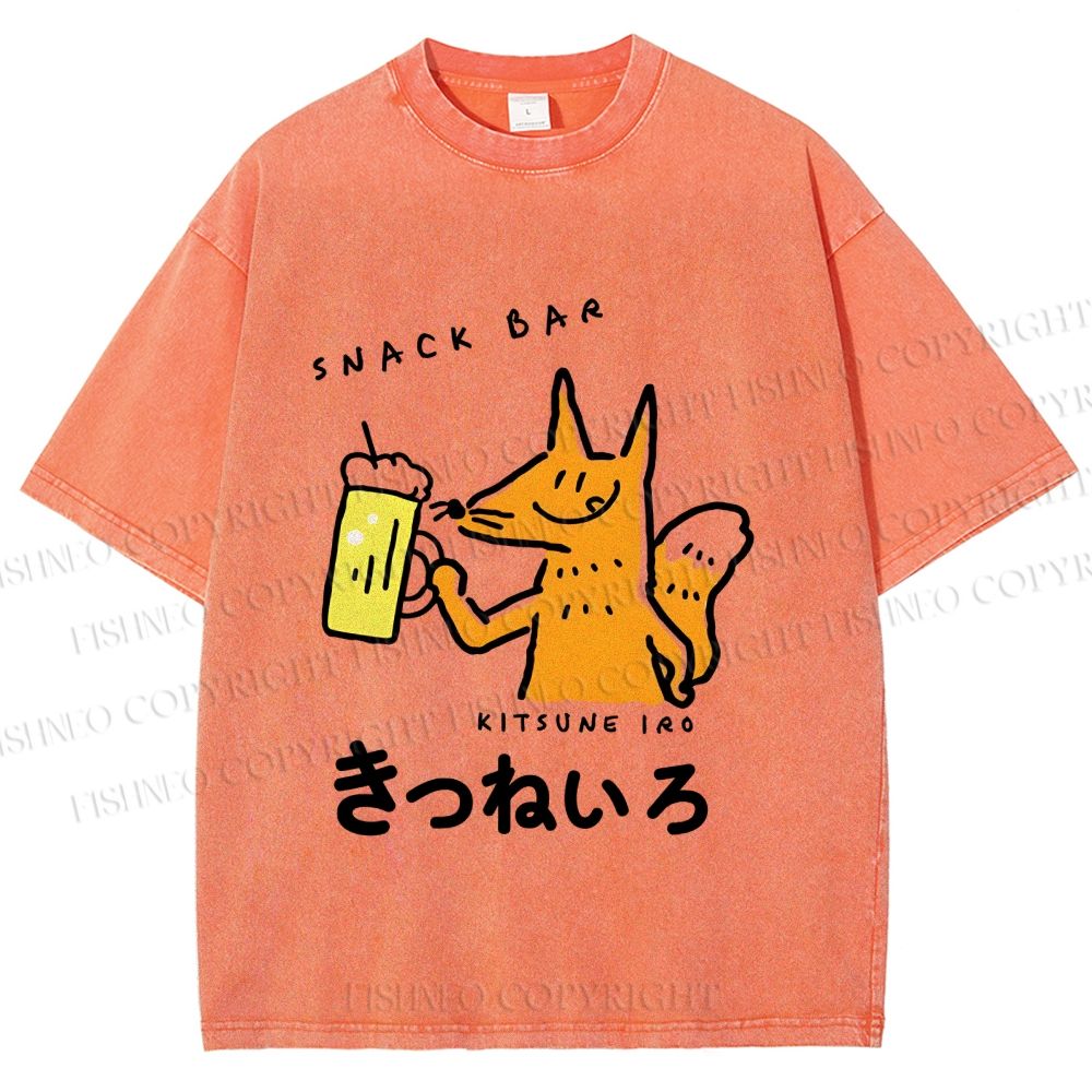 Unisex Vintage Japanese Silly Fox Drinking Printed Washed Tee