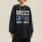 Unisex Casual Washed Tokyo Kyoto Printed Long Sleeve T-shirt