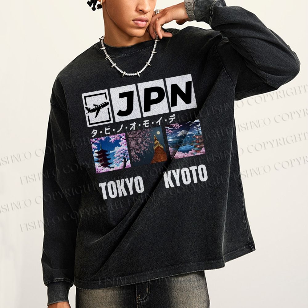 Unisex Casual Washed Tokyo Kyoto Printed Long Sleeve T-shirt