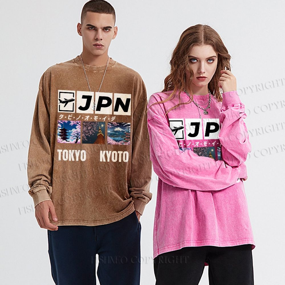 Unisex Casual Washed Tokyo Kyoto Printed Long Sleeve T-shirt