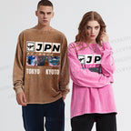 Unisex Casual Washed Tokyo Kyoto Printed Long Sleeve T-shirt