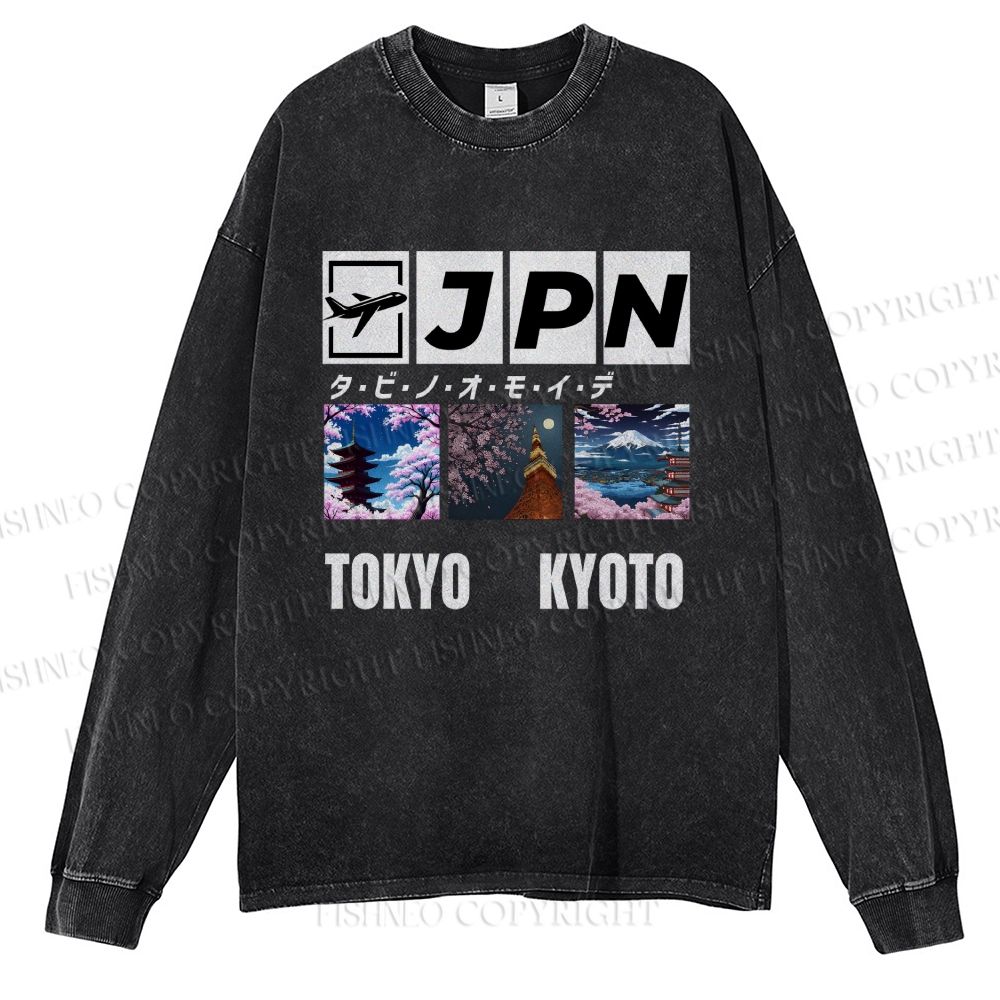 Unisex Casual Washed Tokyo Kyoto Printed Long Sleeve T-shirt