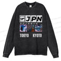 Unisex Casual Washed Tokyo Kyoto Printed Long Sleeve T-shirt