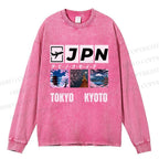 Unisex Casual Washed Tokyo Kyoto Printed Long Sleeve T-shirt