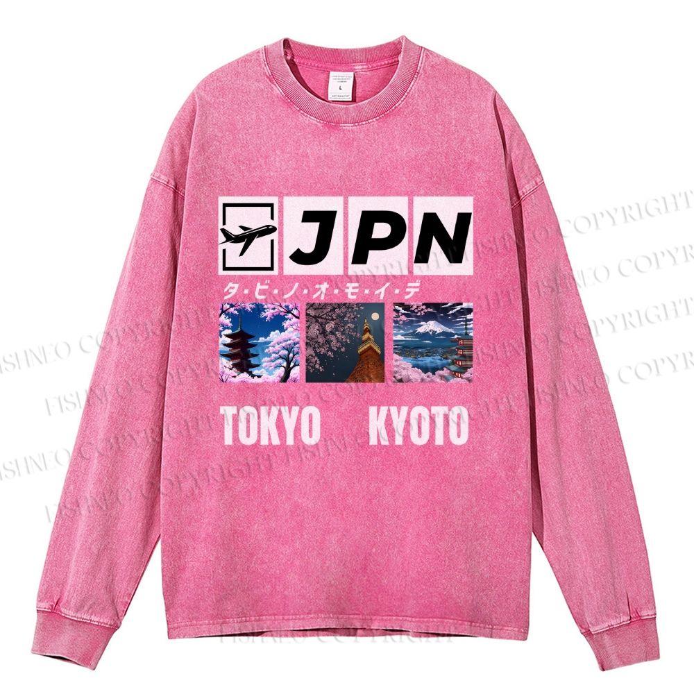 Unisex Casual Washed Tokyo Kyoto Printed Long Sleeve T-shirt