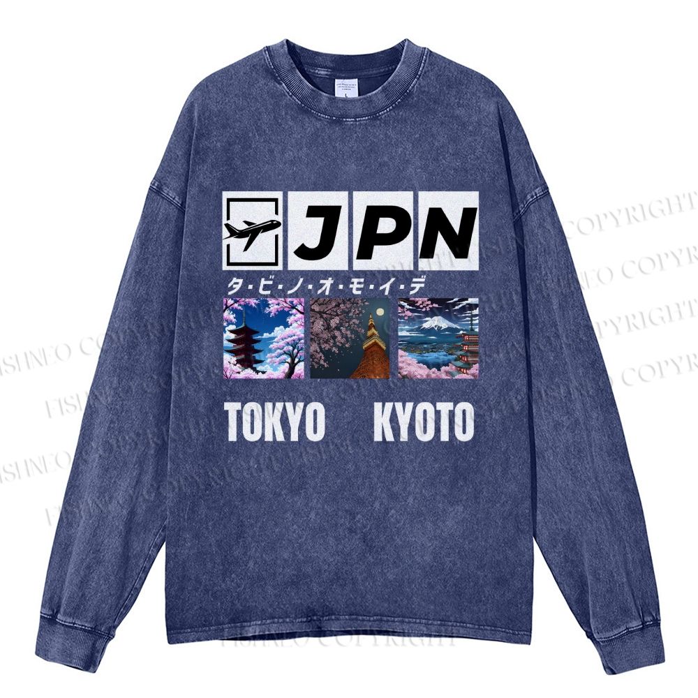 Unisex Casual Washed Tokyo Kyoto Printed Long Sleeve T-shirt