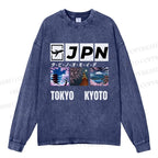 Unisex Casual Washed Tokyo Kyoto Printed Long Sleeve T-shirt