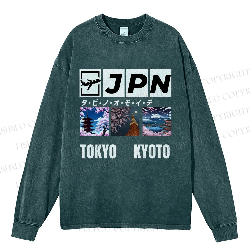 Unisex Casual Washed Tokyo Kyoto Printed Long Sleeve T-shirt