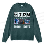 Unisex Casual Washed Tokyo Kyoto Printed Long Sleeve T-shirt