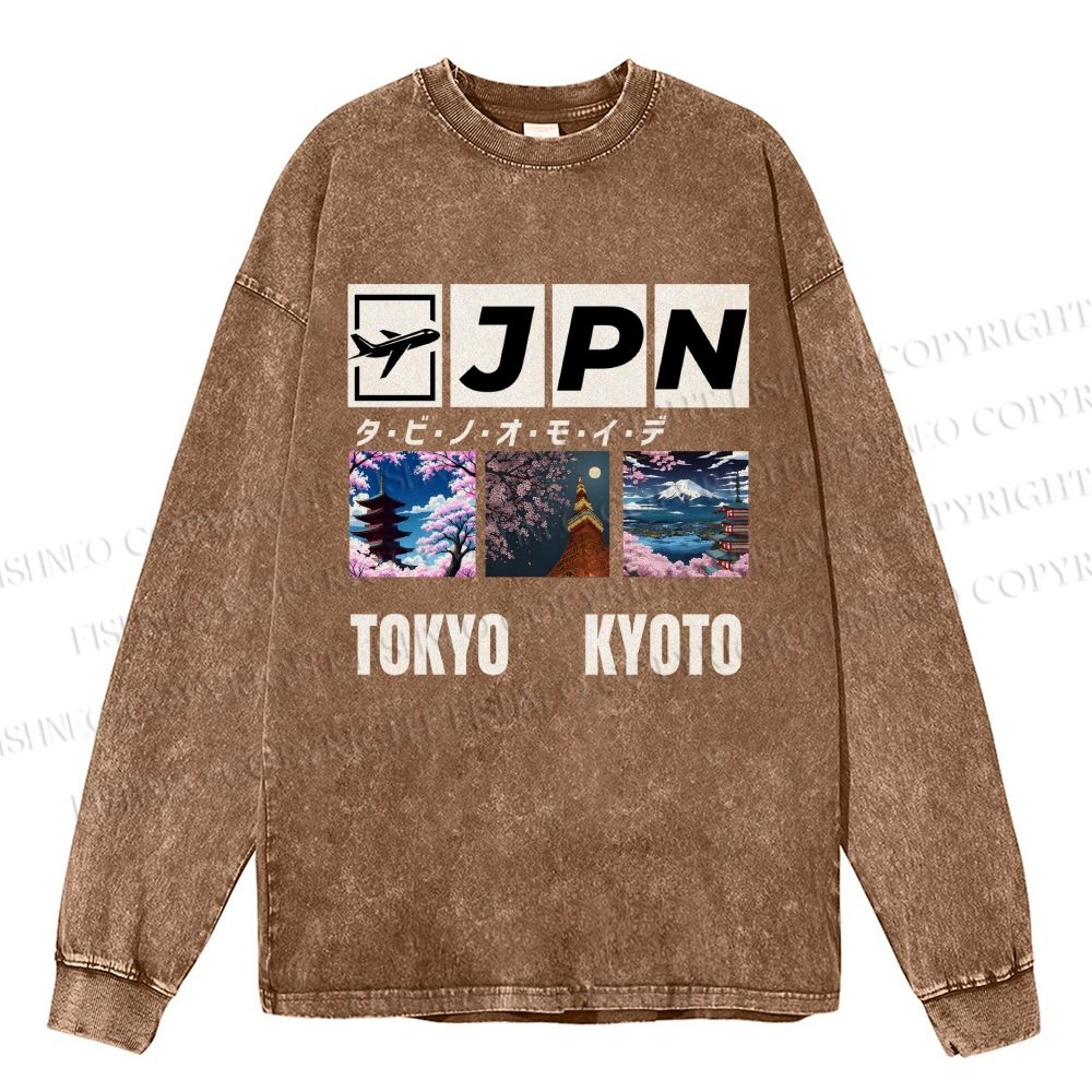 Unisex Casual Washed Tokyo Kyoto Printed Long Sleeve T-shirt