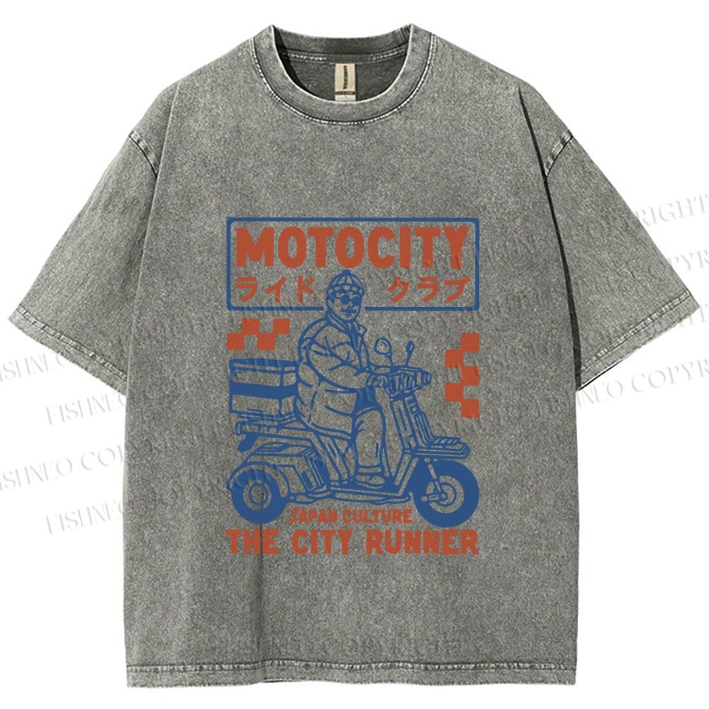 Unisex Japanese Motorcycle Graffiti Printed Washed Tee